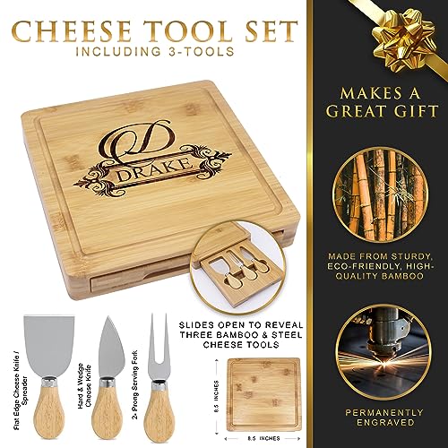 My Personal Memories Customized Engraved Cheese Board Tray and Knife Tools Set - Custom Monogrammed (Bamboo - Name Initial Style)