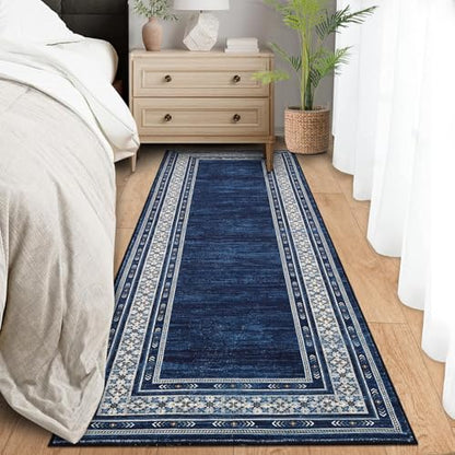 Modern Washable Runner Rug 2x6 Non Slip Bordered Solid Area Rugs, Washable Kitchen Mats Bedside Rug, Stain Resistant Soft Bathroom Carpet, Foldable Runners for Hallways, Entryways, Blue | Non Slip Non Shedding Stain Resistant Neutral Textured Solid Foldab