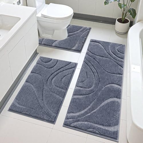 HEBE Bathroom Rugs Sets 3 Piece, Non Slip Washable Absorbent Bath Mat Set | Super Soft Plush Microfiber Bathroom Mats with Runner Set, Solid Bathmat with U-Shaped Toilet Rug Set for Tub, Shower - color: Dark Grey, size: 20"x32"+20"x48"+20"x24"U-Shaped