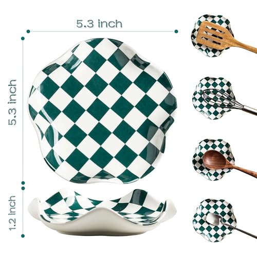 Miamolo Checkered Spoon Rest for Stove Top, Spoon Holder Keeps Area Cleaner | 5.3" Fits Cooking Ladles & Spatulas | Ceramic Heat-Resistant, Dishwasher Safe | Range, Kitchen Counter Use, Housewarming Gift - color: Green-White