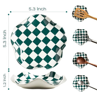Miamolo Checkered Spoon Rest for Stove Top, Spoon Holder Keeps Area Cleaner | 5.3" Fits Cooking Ladles & Spatulas | Ceramic Heat-Resistant, Dishwasher Safe | Range, Kitchen Counter Use, Housewarming Gift - color: Green-White