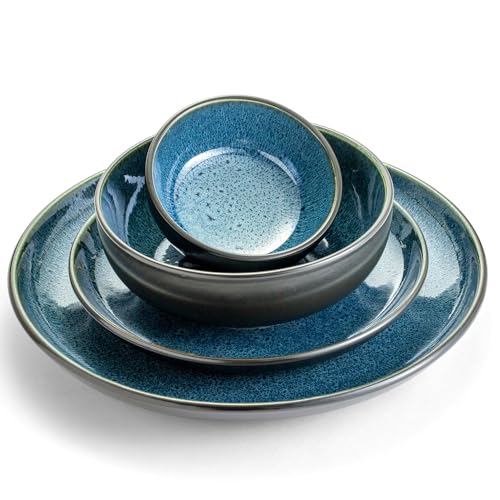 Sango 16-Piece Stoneware Dinnerware Set for 4, Glossy Black/Blue Big Dinner Plates and Bowls Sets with Reactive Glaze, Ceramic Dish Set, Modern Beautiful Dishes, Microwave & Dishwasher Safe, Resona - color: Blue, size: 16-Piece Set
