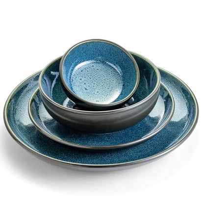 Sango 16-Piece Stoneware Dinnerware Set for 4, Glossy Black/Blue Big Dinner Plates and Bowls Sets with Reactive Glaze, Ceramic Dish Set, Modern Beautiful Dishes, Microwave & Dishwasher Safe, Resona - color: Blue, size: 16-Piece Set