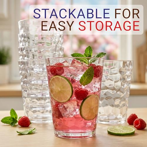 Bravario Hammered Plastic Drinking Glasses - Short Clear Plastic Cups Reusable Set of 6, Thick 16oz Dishwasher Safe Durable Stackable Water Tumblers, BPA-Free - size: Short - Set of 6