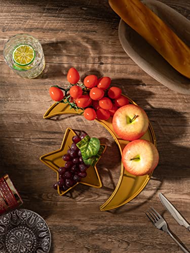 2PCS Ramadan Serving Trays Decorations for Home - Moon Star Shaped Eid Mubarak Table Decor Gifts, Islam Muslim Al-Fitr Iftar Party Crescent Iron Platters Dishes (Hollowed-Out) - style: Hollowed-out