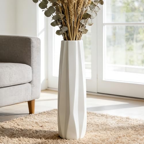 White Tall Ceramic Floor Vase, 24 Inch, Faceted Design, Large Decor | Glossy Glazed Finish, Living Room, Fireplace, Entryway, Pampas Grass - color: 5-stripes, size: Height-24 Inch
