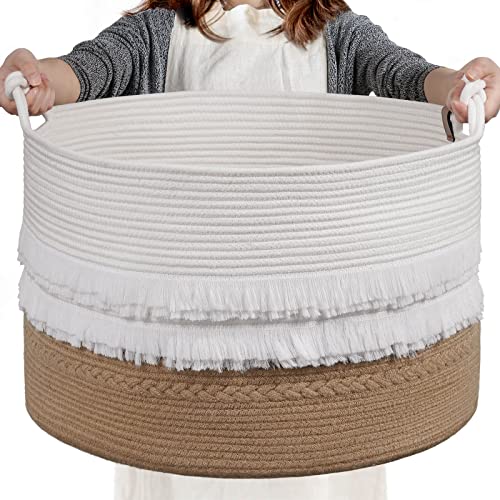Large Wicker Laundry Basket for Entryway, Bedroom, Jute Decorative Baskets for Clothes, Toys, Towel Basket for Bathrooom, 22 x 14 inches, 83L - color: White & Camel, size: 83L (22"W x 14"H)