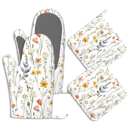 Summer Floral Pot Holders and Oven Mitts Set Silicone Watercolor Wildflowers Kitchen Gloves Potholders Heat Resistant Washable,Chef Cooking Baking Gifts for Women Men Bakers Lover Cooks - color: Summer Floral,watercolor Wildflowers
