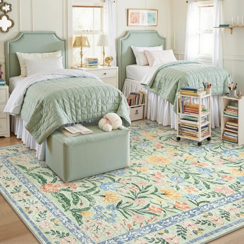 Lahome Green 8x10 Playroom Bedroom Rug, 8x10 Boho Cottage Core Rug | Ultra-Thin Washable Non Slip Soft Carpet for Classroom Office Dinning Kids Room, Green/Multi - color: Tea Green, size: 8' x 10' (Rectangular)