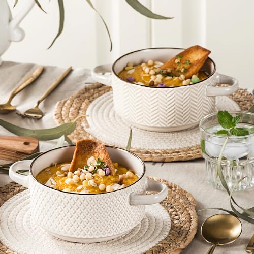 Ceramic Soup Bowls Set - 27 Oz French Onion Soup Crocks with Handles | Embossed Stoneware Bowls for Soup Cereal Beef Stew Chili - Microwave Dishwasher Oven Safe - Set of 4 - color: White