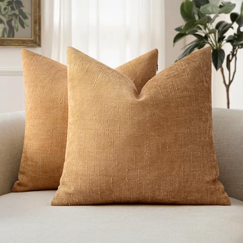 MIULEE Textured Chenille Throw Pillow Covers 18x18 Inch Golden Brown | Pack of 2 Decorative Soft Throw Pillows, Solid Textured Cushion Covers, Modern Home Decor for Couch Sofa Bedroom Living Room - color: Golden Brown, size: 18" x 18" (Pack of 2)