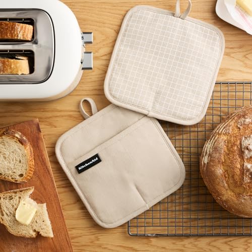 KITCHENAID Gourmet Series Gridlines Pot Holders 2-Pack Set, Heat Resistant up to 600°F, Soft Silicone Grip, Magnetic Cuff, Milkshake Tan, 8"x8" - color: Milkshake Tan