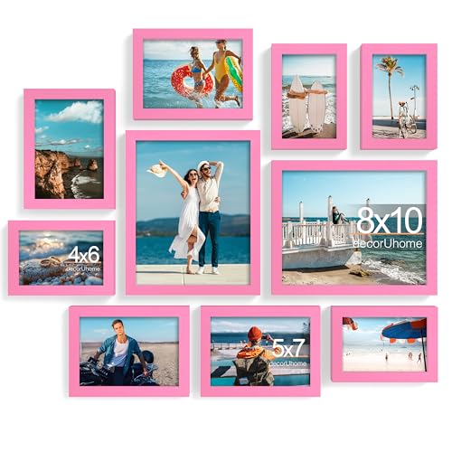decorUhome 10 Pack Assorted Picture Frame Set for Wall & Tabletop, P0710PK | Pink, Multi Size Picture Frame Includes Two 8x10 / Four 5x7 / Four 4x6 for Family Gallery Wall - color: Pink