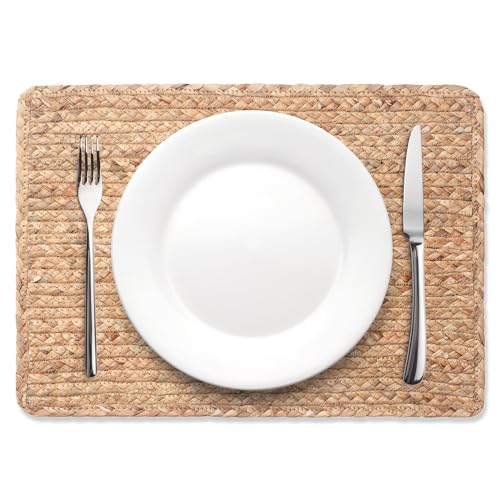 Woven Placemats Set of 6, 17" x 12" Rattan Table Mats, Natural Water Hyacinth Chargers for Dinner Plates, Wicker Placemats for Dining Table, Home, Wedding