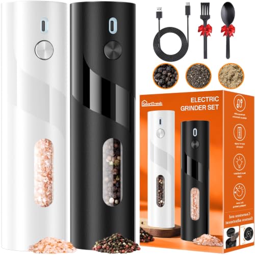 110ml Electric Salt and Pepper Grinder Set 2 Pack Rechargeable Auto Shakers | Large Capacity Spice Mill with Adjustable Coarseness for Kitchen, Cooking, Outdoor Dining and Home Use (Black & White)