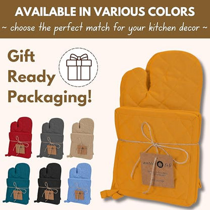 Native Fab 4 Piece Set - 2 Oven Mitts & 2 Potholders, Heat Resistant, 100% Cotton, Quilted Design, Non-Slip Grip, Machine Washable, Ideal for Baking, Cooking, BBQ, Kitchen Protection - Mustard Yellow - color: Mustard Yellow