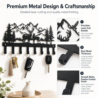Deer Metal Key Holder for Wall, 14.5" X 8.9", Key Hooks for Wall Organizer, Key Rack, Forest Theme Coat Hat Towel Hooks, Ideal for Living Roo - size: Medium, style: Deer
