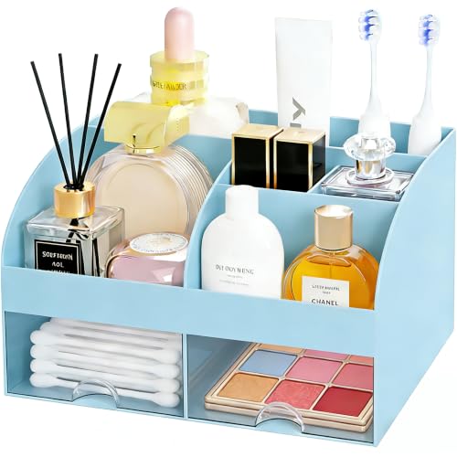 Makeup Organizer with 2 Drawers, Cosmetic Storage for Dresser Vanity and Bathroom Countertop,Make up organization and Skincare Storage with Beauty Brush Holder, Cosmetic Display Case (Blue) - color: Blue
