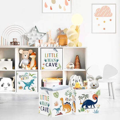 Clastyle 11.8" Dinosaur Storage Basket Set of 3 for Kid Boy Toy Clothes Bin | Collapsible Fabric Book Bin, Metal Frame Bottom Board, Cube Organizer, Closet Nursery Pantry Shelf Bedroom, Boho Dino Palm - color: Palms