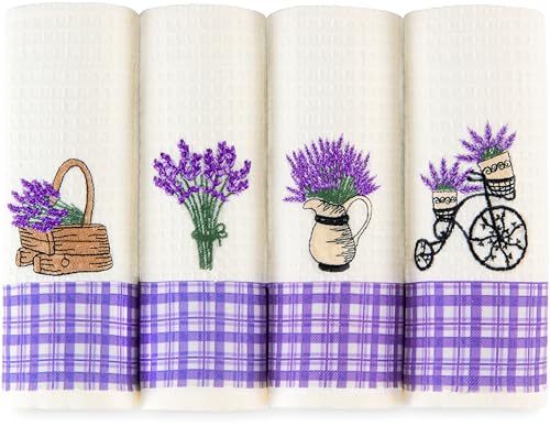 Lavien Home Cotton Kitchen Towels Set of 4 - Lavender Embroidered Tea Towels, Absorbent and Soft Waffle Weave with Plaid, 16x24 inches - color: Lavender Plaid