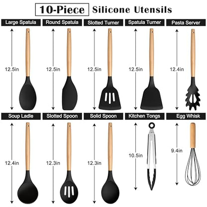 E-far Silicone Cooking Utensils Set, 10-Piece Black Kitchen Utensils Set with Wooden Handle for Nonstick Cookware, Heat Resistant Kitchen Nonstick Tools Spatula Whisk Tongs Ladle, Non-toxic & Healthy - color: Black, size: 10