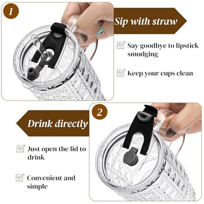4 Pack Glass Tumblers, 17 Oz Drinking Glass Mugs | Reusable Iced Coffee Cups with Handle, Lid, Straw and Brush, Diamond Pattern Mugs for Cold Hot Beverages Smoothies