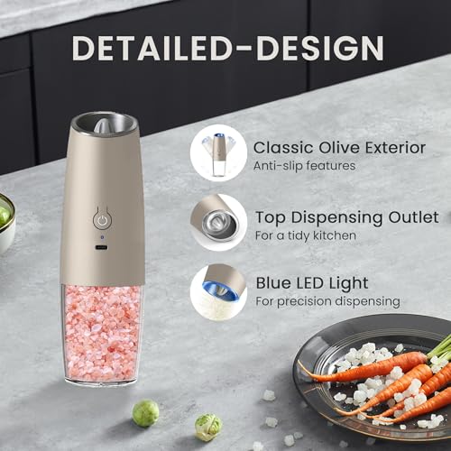 Rechargeable Gravity Salt Pepper Grinder Set, 2 Pack (Khaki) | Gravity Rechargeable Grinder With Led Light & Adjustable Coarseness, No Extra Batteries Needed For Kitchen Seasoning - color: Rechargeable/2pcs/Khaki
