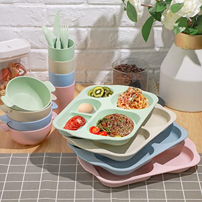 Honoson 24 Pcs Wheat Straw Dinnerware Cutlery Set, Service for 4, Unbreakable Plates and Bowls Set - Divided Plates, Bowls, Spoons, Forks & Knives, Microwave & Dishwasher Safe(Beige/pink/green/blue) - color: Beige/Pink/Green/Blue