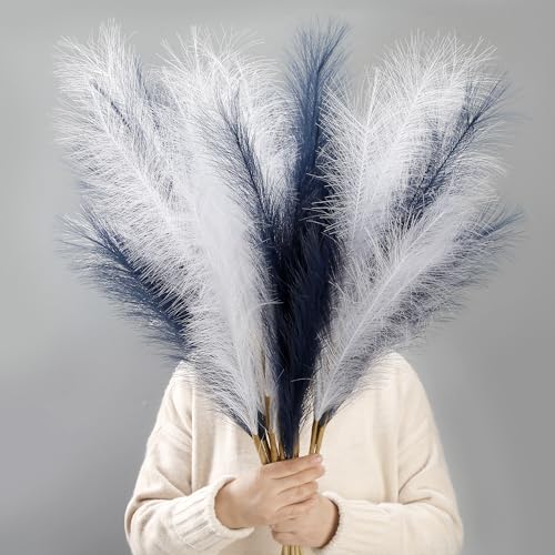 38" Faux Pampas Grass Navy Blue and White 12PCS for Vase Filler | Fluffy Artificial Pampas Grass, Faux Pampas Grass Decor, Pompas Grass, Flower Arrangement and Vase Filler - color: Blue&white
