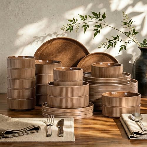 Kitchen Academy Ceramic Dinnerware Sets for 8, 32 Pcs Stoneware Plates and Bowls Sets, Scratch Resistant Brown Dish, Oven & Microwave & Dishwasher Safe - color: Brown, size: Service for 8-32Pcs