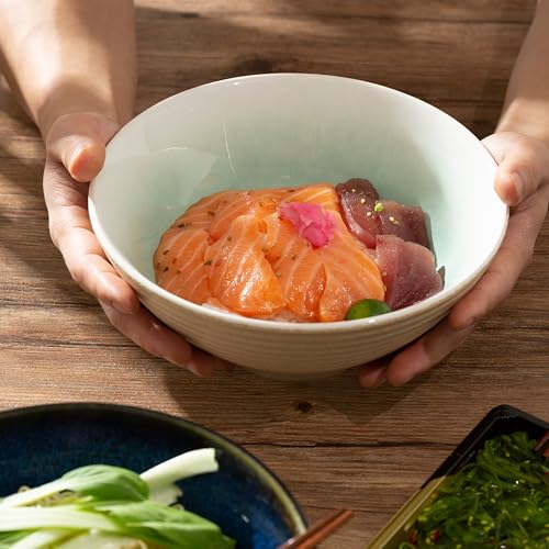 8 Inch Ceramic Ramen Bowl Set of 2, 40oz Japanese Bowls with Spoons & Chopsticks,Durable,Microwave & Dishwasher Safe,Perfect for Ramen,Pho,Salad,Soup,Noodles，Mixing bowls（Cyan Sea） - color: Cyan Sea