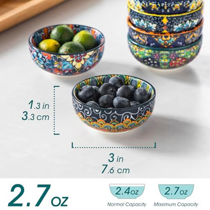 vancasso SIMI 2.7 Oz Ceramic Dipping Bowls Set of 6, Bohemian Sauce Bowls | For Soy Sauce, Sushi, Dips, and Condiments, Microwave and Dishwasher Safe, 3 Inch Mini Dishes, Bohemian Design