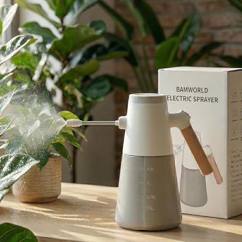 Bamworld Electric Sprayer with Adjustable Long Nozzle for Indoor Plants | Outdoor 2 Spray Modes Battery Powered Sprayer Gardening Cleaning Minimalist White Design with Wood Grain Handle - color: White, size: 1400ml