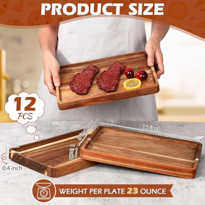 Roshtia 12 Pcs Acacia Wood Serving Tray Dinner Plates,8'' X 12'' X 1'' | Rectangular Wooden Platter Food Tray Cheese Charcuterie Board Bulk for Fruit Vegetable Appetizer Christmas Party Supplies - size: 8'' X 12'' X 1''
