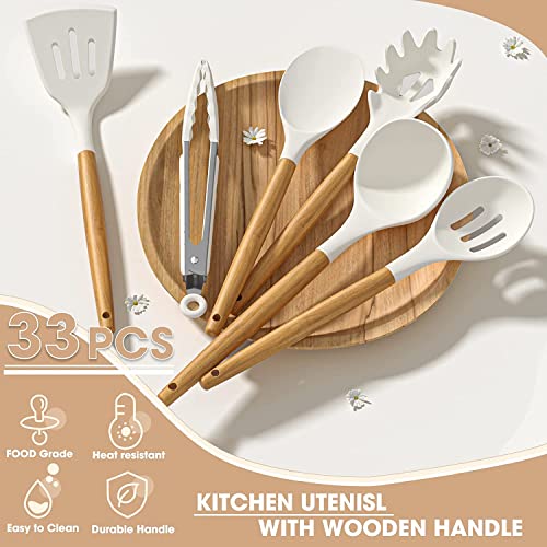 Umite Chef Kitchen Cooking Utensils Set, 33 pcs Non-stick Silicone Cooking Kitchen Utensils Spatula Set with Holder, Wooden Handle Silicone Kitchen Gadgets Utensil Set (Cream White) - color: Cream White