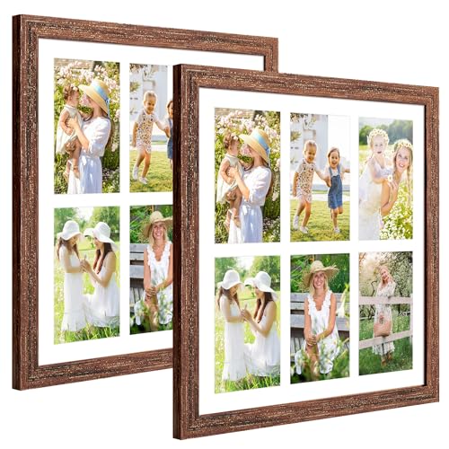 13x13 Collage Frame with 6 Openings 4X6 Pictures, Multiple Picture Frame with Mat, Wall or Tabletop Decor, Carbonized Brown Wood Grain,2 Pack - color: Carbonized Brown, size: 13x13-(6 open4x6)-2P