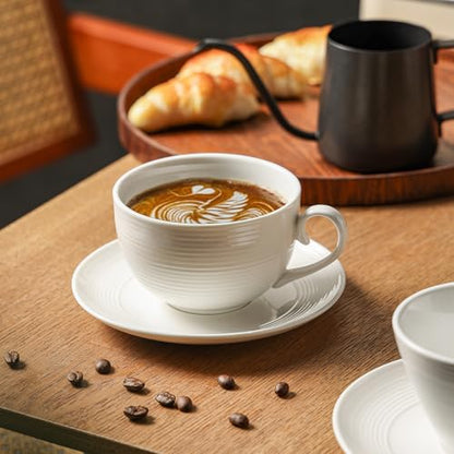 12 oz Cappuccino Cups with Saucers, Ceramic Espresso Coffee Cups Set of 4, White Latte Cup and Saucer, Elegant Tea Mugs Set, Microwave Dishwasher Safe Drinkware for Cafe, Housewarming Gift - color: A - 12oz
