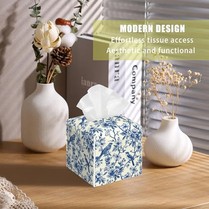 Bird on Blooming Branches Tissue Box Cover Square, Blue Flower Tissue Box Holder with Bottom Belt Leather Facial Paper Organizer Dispenser for Bathroom Bedroom Dresser Night Stand Tabletop - color: Bird on Blooming Branches