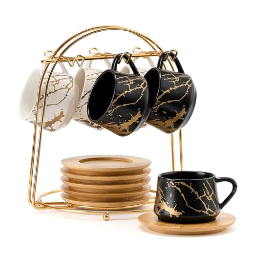 LUKA Ceramic Espresso Cups with Saucers and Metal Stand, Small 4 oz Porcelain Demitasse Cups Set of 6, Cute Cappuccino Coffee Cups for Double Espresso, Tea, Marbling White & Black - color: 6-Marbling White & Black, size: 4 oz