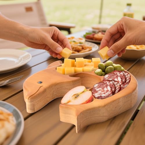 Charcuterie Board Platter Dolphin - Wooden Serving Tray for Cheese Fruit Snacks, 4-Compartment Ocean Theme Decorative Natural Wood Plates for Party Housewarming Gift Home Kitchen Supplies