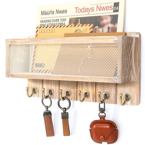Rebee Vision Key Holder Wall Mount with Mail Basket for Home, Natural Wood | Pine Wood, Key Holder for Wall, 6 Key Hooks, Mail Organizer, Stores Letters and Sunglasses, Home Decor, Apartment Storage - color: Natural