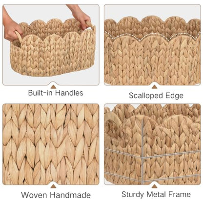 iEGrow Scalloped Wicker Basket, Set of 2 Hand-Woven Natural Rattan Baskets with Built-in Handles, Water Hyacinth Storage Oval Cute Baby Baskets for Nursery, Organizing, Decor and Shelves - size: Oval