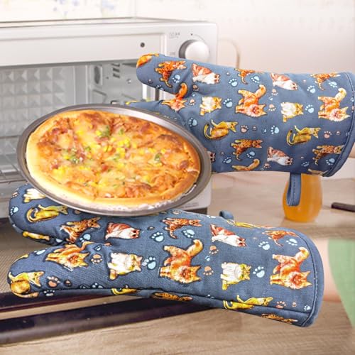 Oven Mitts 1 Pair, Non Slip Clear Silicone Printed Rooster Kitchen Gloves | Heat Resistant 480 ℉ Comfortable Cotton Lining Kitchen Men Cooking Barbecue Machine Washable (Cat, Grey mitts) - color: Cat, Blue Mitts