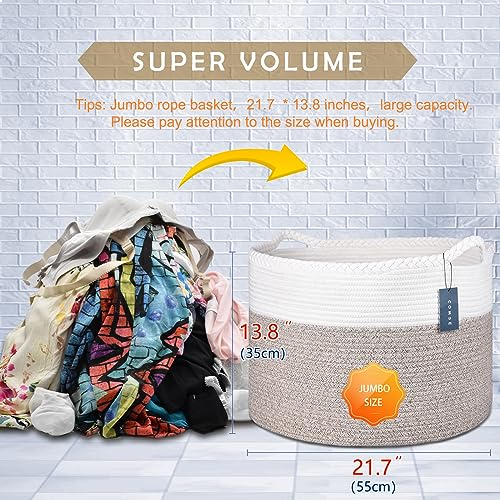 COMSE XXXLarge Woven Blanket & Laundry Basket, 87L, White & Light Brown | 21.7" x 13.8", Cotton Rope, Nursery Hamper for Storage of Toys Clothes Towels, Ideal for Living Room Bedroom Bathroom - color: White & Light Brown