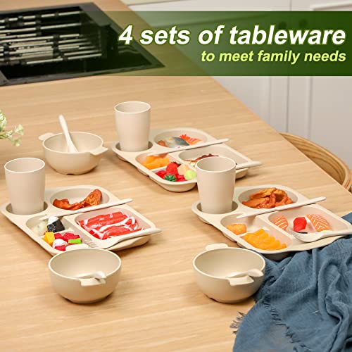 Honoson 24 Pcs Wheat Straw Dinnerware Cutlery Set, Service for 4, Unbreakable Plates and Bowls Set - Divided Plates, Bowls, Spoons, Forks & Knives, Microwave & Dishwasher Safe(Beige) - color: Beige