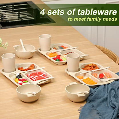 Honoson 24 Pcs Wheat Straw Dinnerware Cutlery Set, Service for 4, Unbreakable Plates and Bowls Set - Divided Plates, Bowls, Spoons, Forks & Knives, Microwave & Dishwasher Safe(Beige) - color: Beige