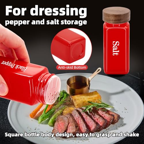 6Pcs 4 oz Square Glass Spice Jars with Label, Empty Spice Containers with Wooden Lids, Square Seasoning Containers and Supplement Set, Small Seasoning Bottles for Salt, Sugar, Pepper (Red) - color: Red