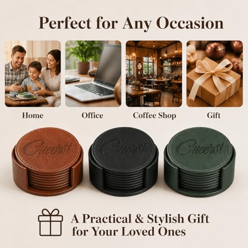 Coasters for Drinks Set of 6 with Holder, 6-Piece Leather Coasters with Embossed Cheers Marks - Durable Drink Coasters Set for Home, Bar, or Office - Brown - color: Brown
