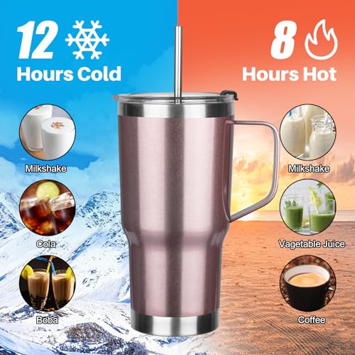 20 oz Tumbler with Handle, Stainless Steel Insulated Tumbler with Lid and Straw, Double Wall Vacuum Coffee Mug Tumbler, Insulated Coffee Thermal Cup for Cold and Hot (Rose gold) - color: Rose Gold, size: 20 Ounces