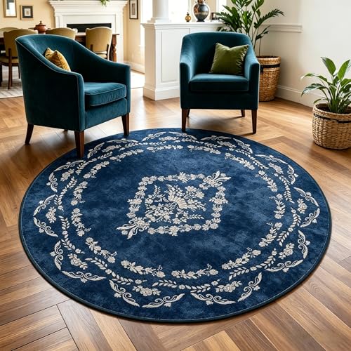 FlyDOIT Small Round Area Rug 4ft, Circle Rugs for Bedroom, Navy Blue | Washable Non Slip Rug, Boho Floral Distressed Circular Carpet for Living Room Dining Room Entryway College Dorm Office Decor - color: Navy Blue, size: 4' (Round)